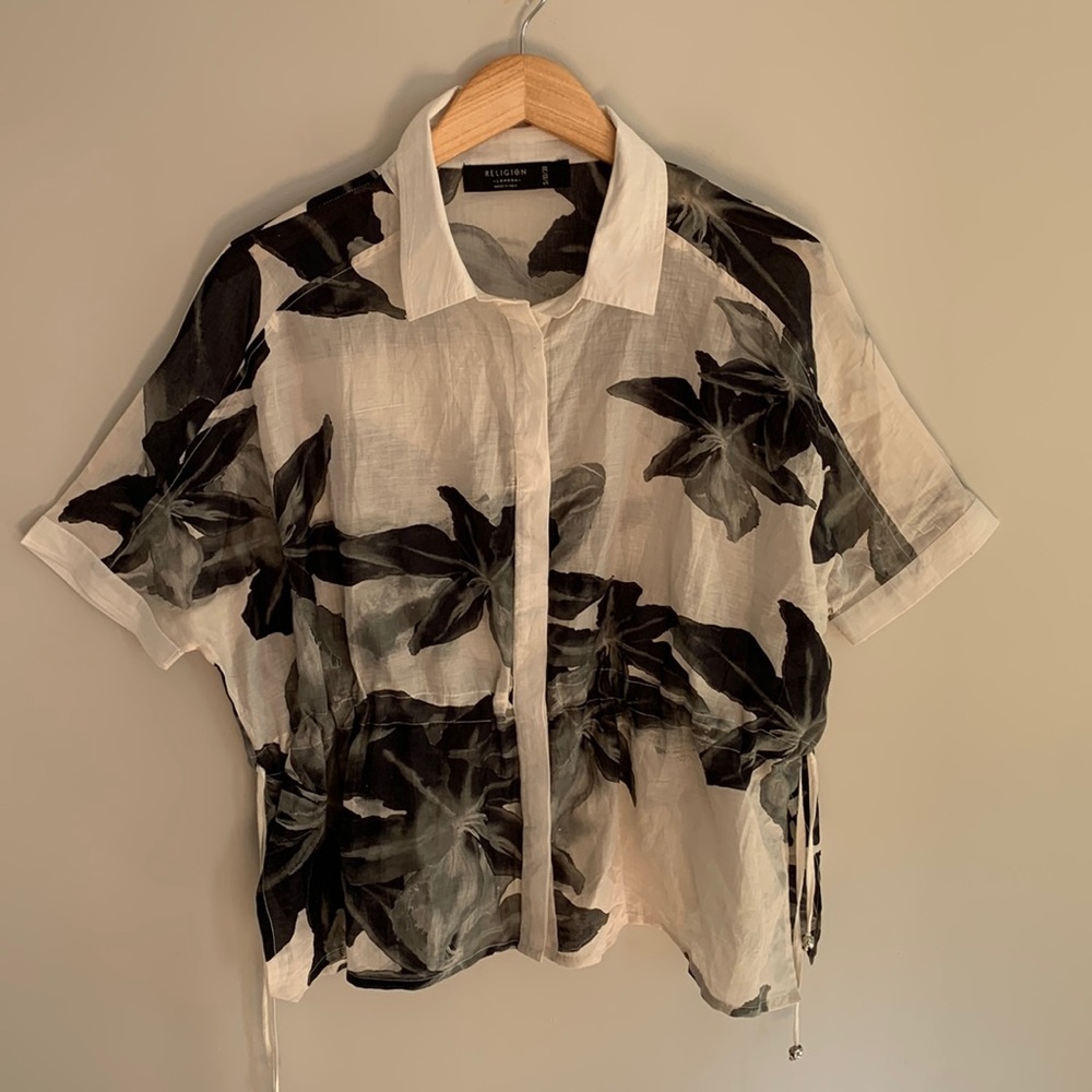Religion London Button Front Floral Semi-Sheer Cotton Silk Blouse